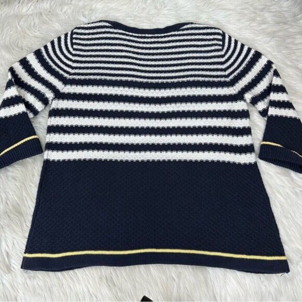 CJ Banks Womens 1X Navy Blue White Striped 100% Cotton 3/4 Sleeve Sweater Top - Picture 6 of 12